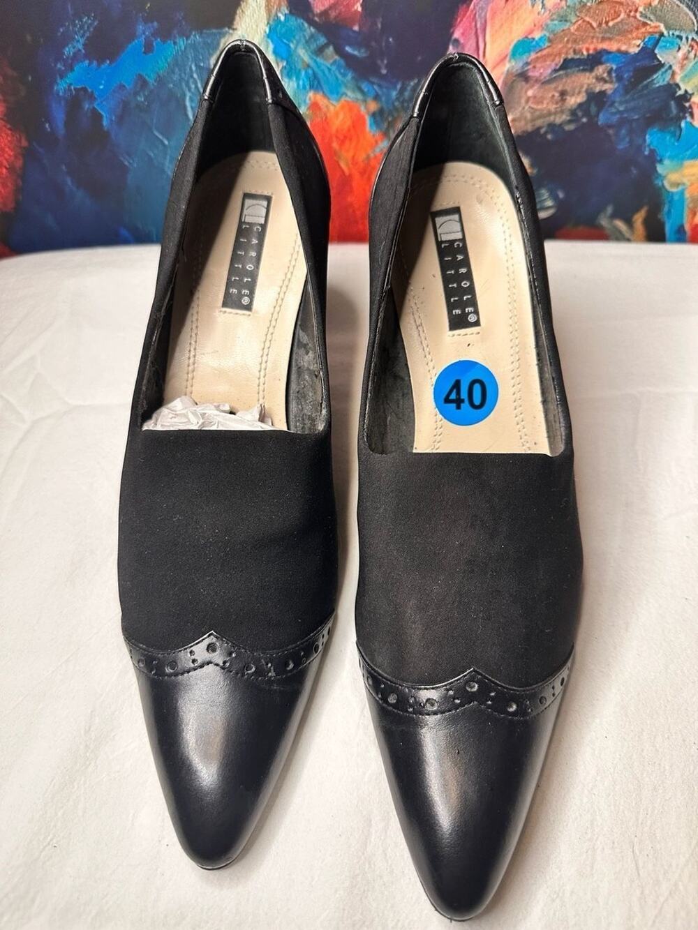 No.40 Carole Little Danny Black Suede and Leather Wingtip Pointed Toe Heels